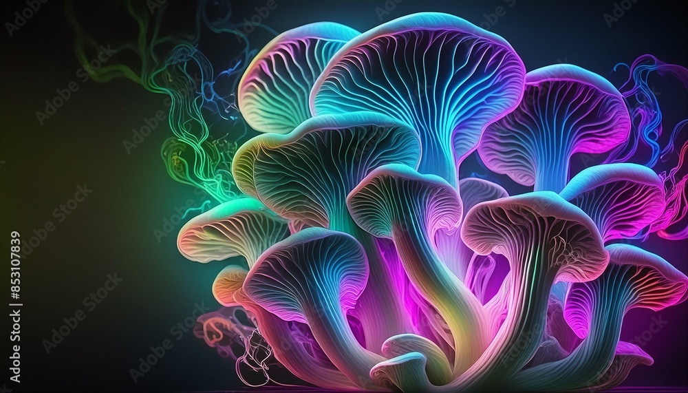 Obraz premium abstract mushroom with neon outlines and bight colors against a black background