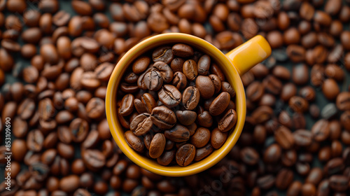 Top view of cocoa beans in a cup and table