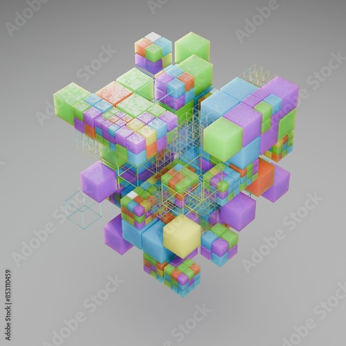 Abstract Rendering Of Surface With Random Cubes. Background with futuristic lines and low poly shape.