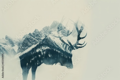 a deer with horns standing in front of mountains photo