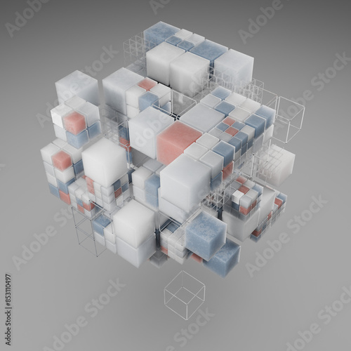 Abstract 3D Rendering Of Flying Cubes. A high quality render of a 3d cubes forming a cube, that is ideal for a background.