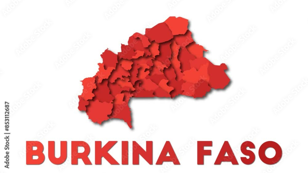 Burkina Faso map showing regions. Animated country map with title. 4k resolution animation.