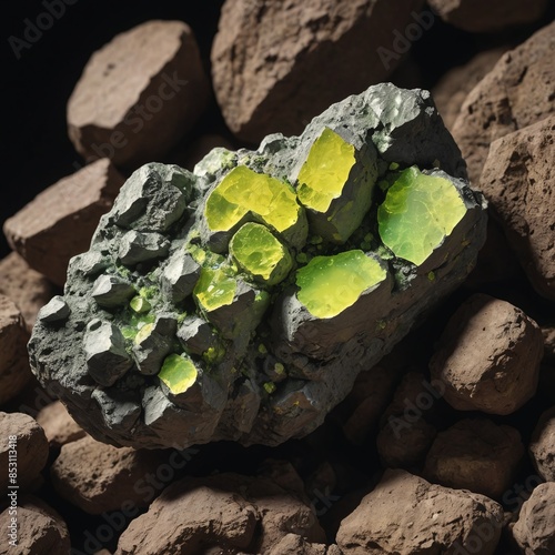 Radiant Raw Uranium Ore Closeup Capture in Vibrant Yellow and Dark Green photo