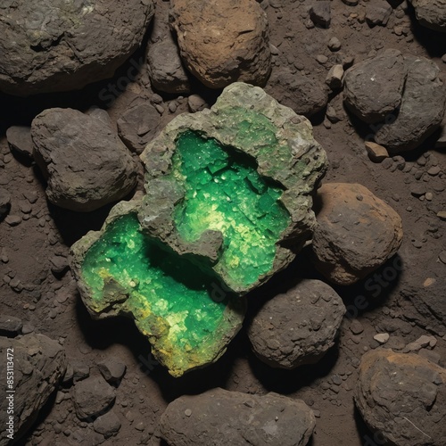 Radiant Raw Uranium Ore Closeup Capture in Vibrant Yellow and Dark Green photo