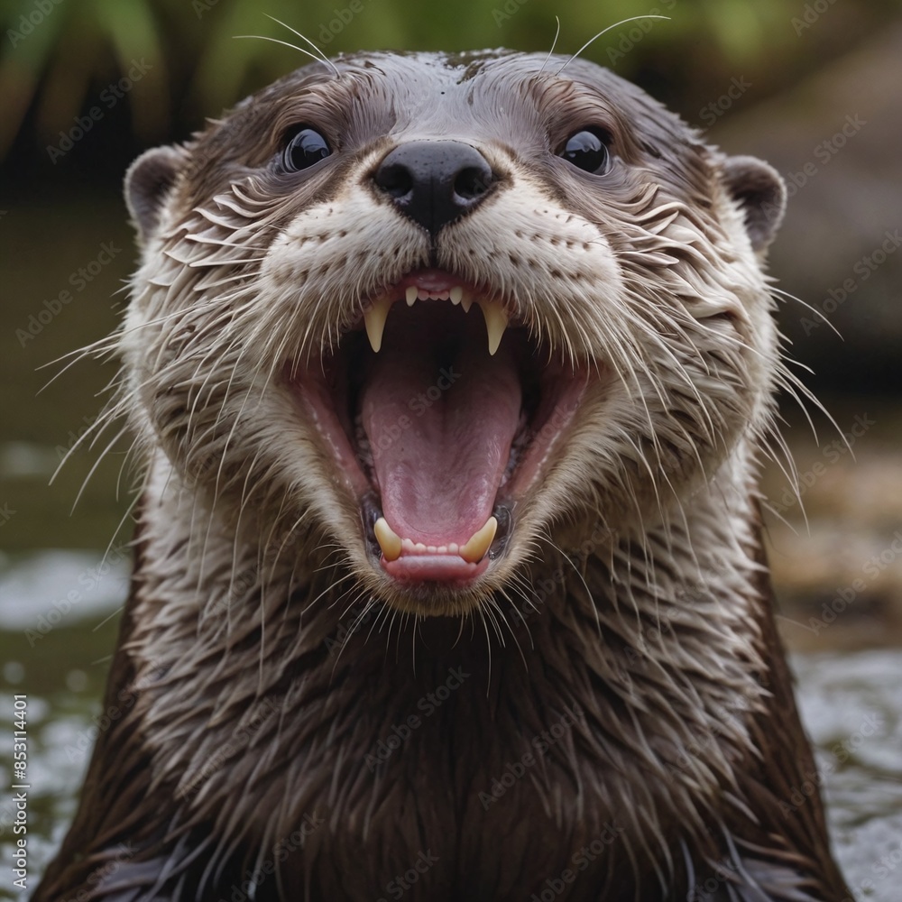Fierce Otter Portrait Closeup Growling with Wet Dark Fur and Sharp Teeth by Riverbank Fierce Otter Portrait Closeup Growling with Wet Dark Fur and Sharp Teeth by Riverbank