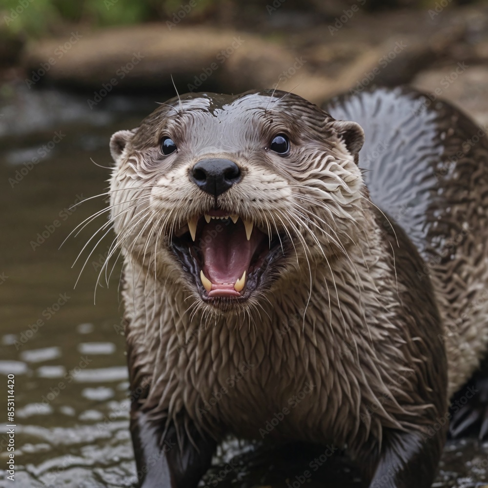 Fierce Otter Portrait Closeup Growling with Wet Dark Fur and Sharp Teeth by Riverbank Fierce Otter Portrait Closeup Growling with Wet Dark Fur and Sharp Teeth by Riverbank