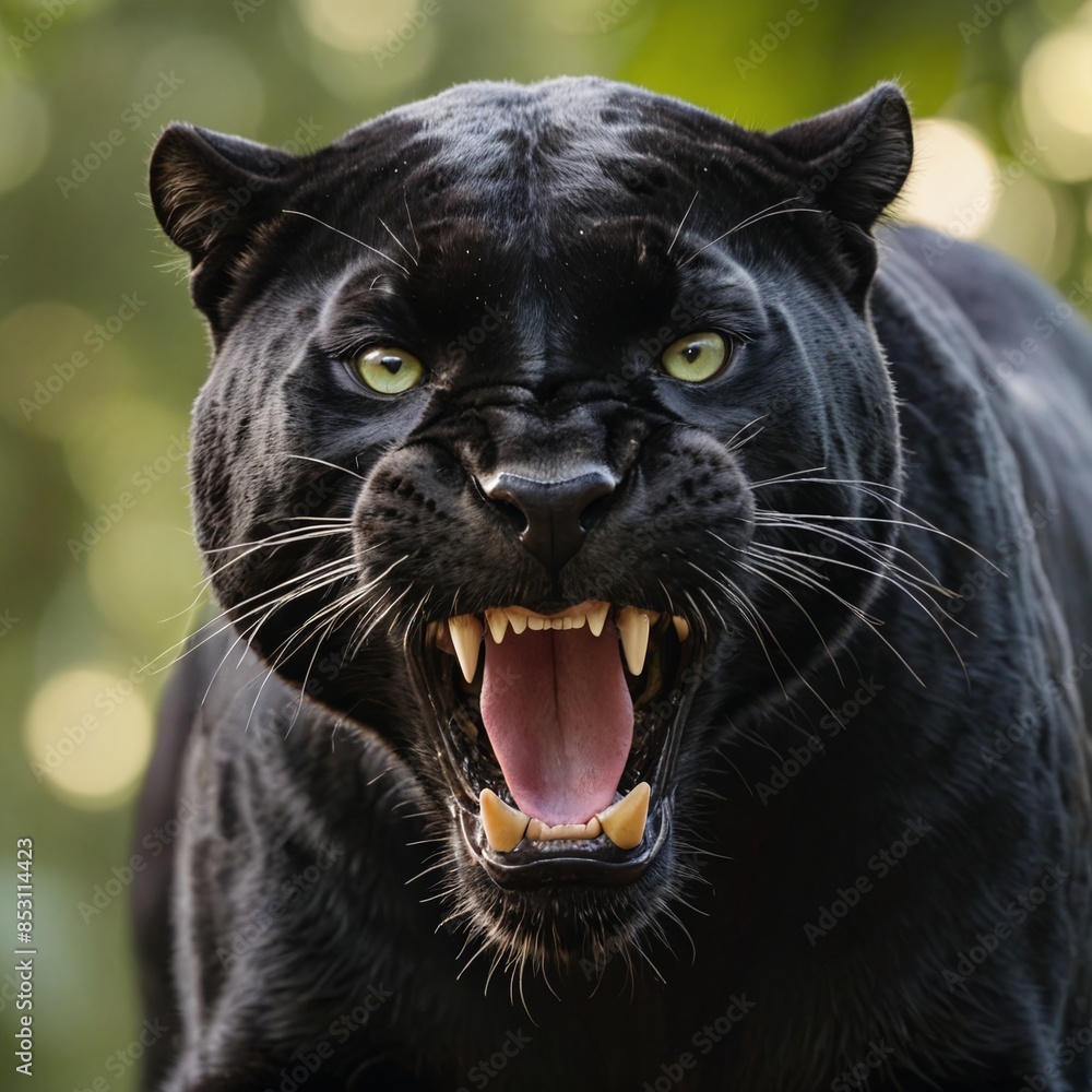 Intense Black Panther Portrait in Lush Green Jungle Intense Black Panther Portrait in Lush Green Jungle