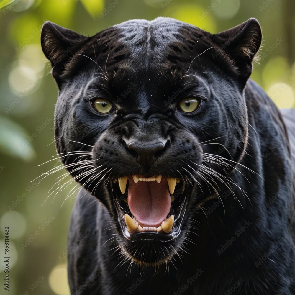 Intense Black Panther Portrait in Lush Green Jungle Intense Black Panther Portrait in Lush Green Jungle