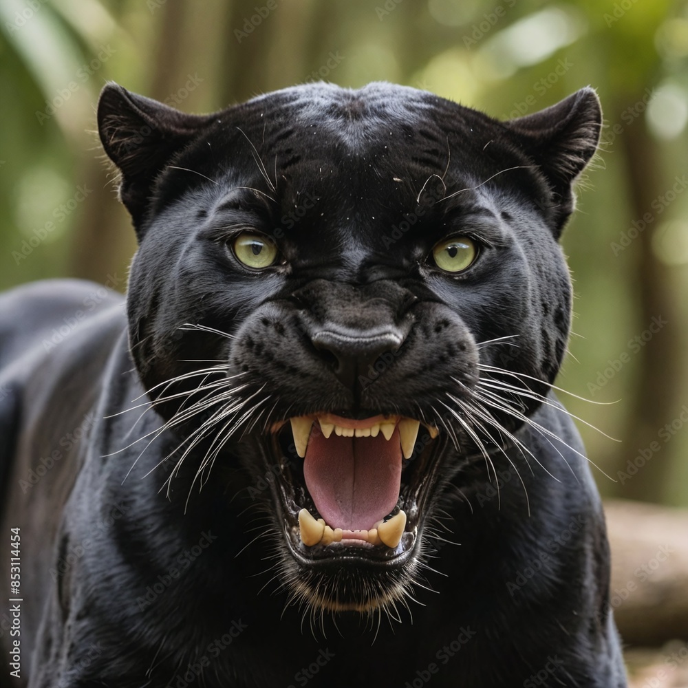Intense Black Panther Portrait in Lush Green Jungle Intense Black Panther Portrait in Lush Green Jungle