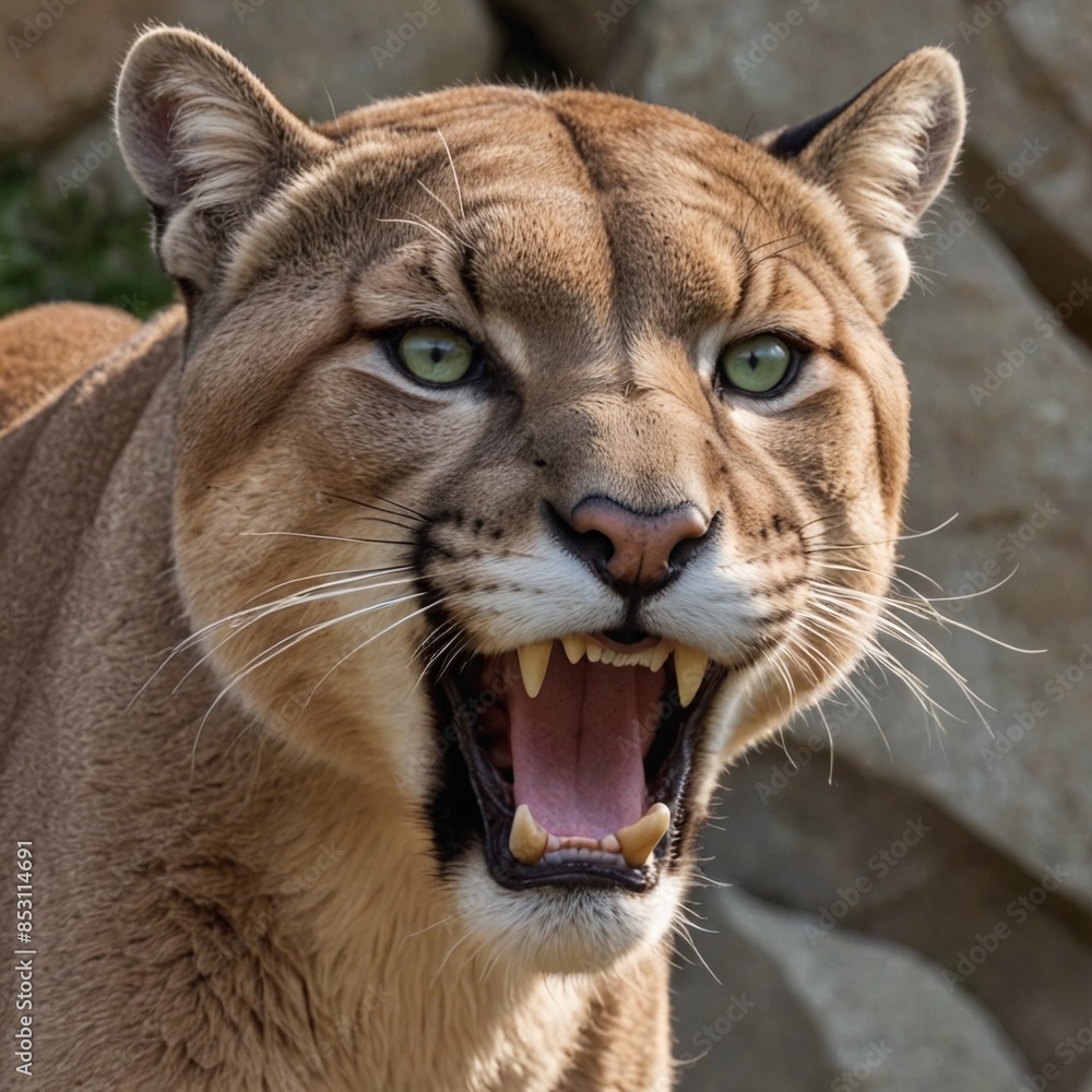 Fototapeta premium Fierce Puma Portrait Intense Growling Predator in Closeup View