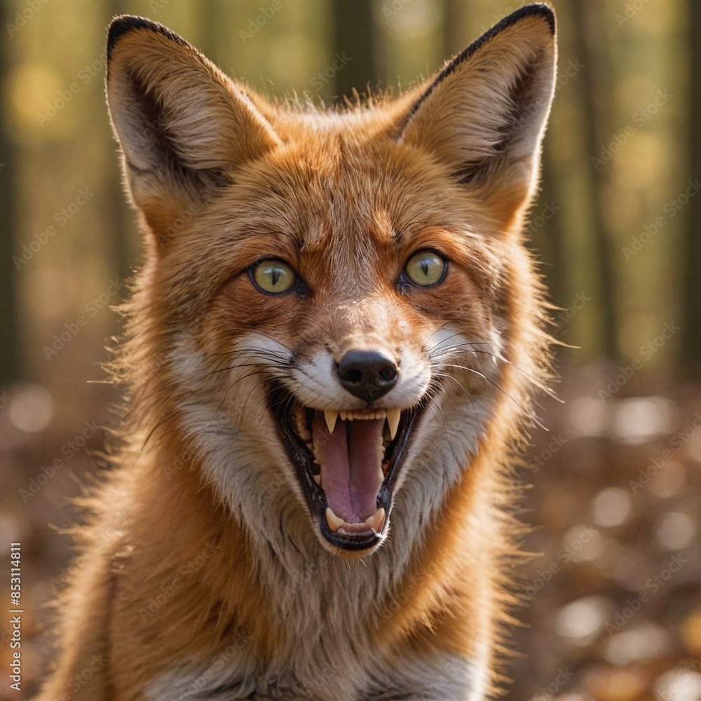 Fototapeta premium Fierce Fox in Autumn Forest Closeup with Red Fur and Green Eyes