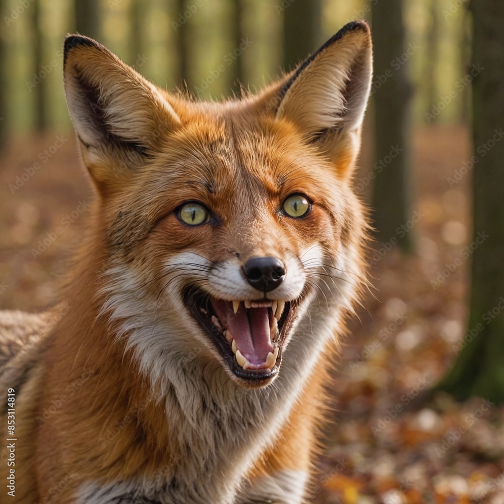 Fototapeta premium Fierce Fox in Autumn Forest Closeup with Red Fur and Green Eyes