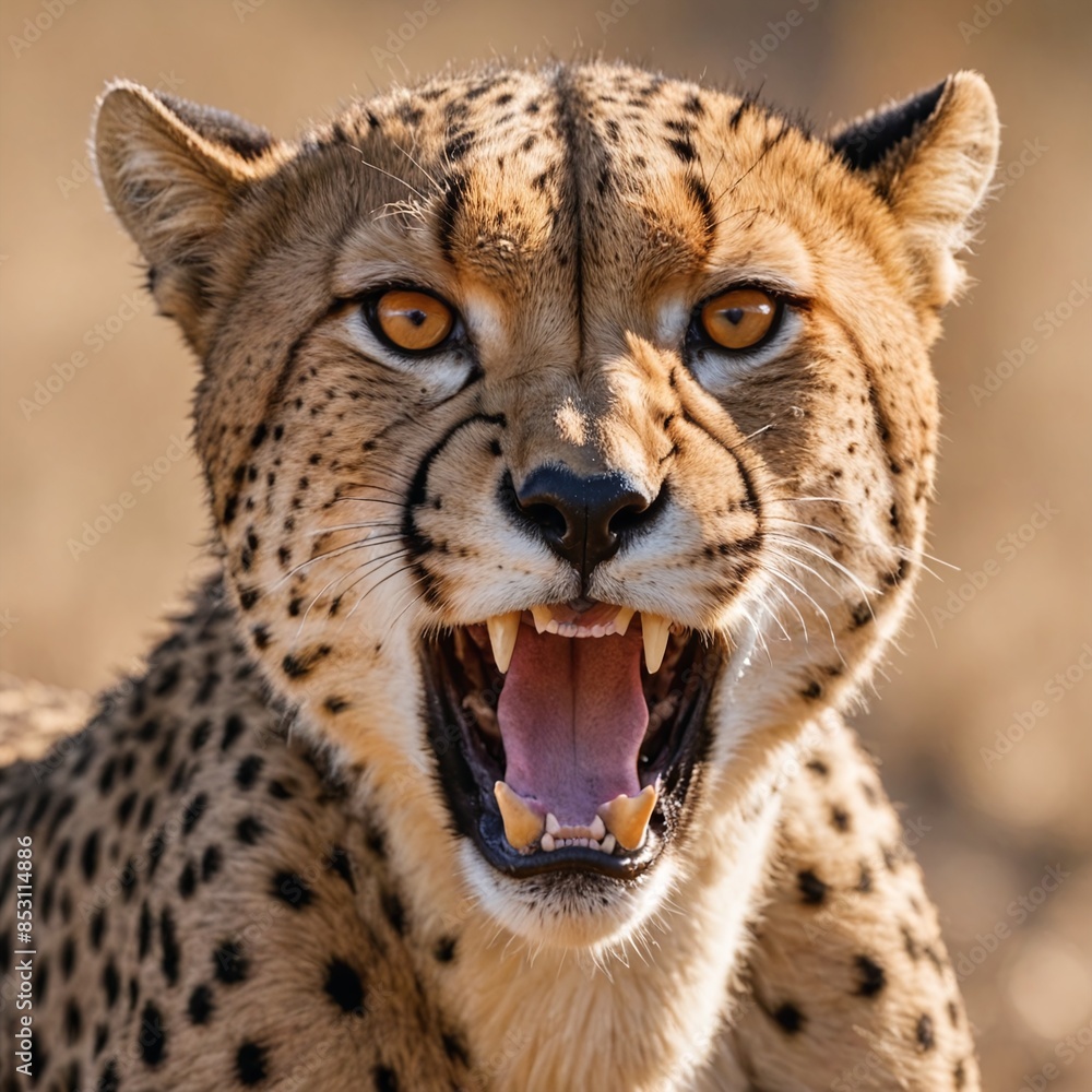 Fierce Predator CloseUp of Snarling Cheetah with TearStreak Markings in Savanna Fierce Predator CloseUp of Snarling Cheetah with TearStreak Markings in Savanna