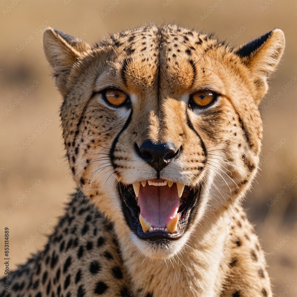 Fierce Predator CloseUp of Snarling Cheetah with TearStreak Markings in Savanna Fierce Predator CloseUp of Snarling Cheetah with TearStreak Markings in Savanna