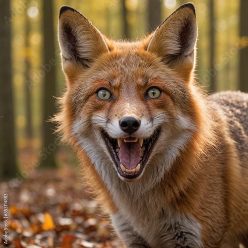 Fierce Fox in Autumn Forest Closeup with Red Fur and Green Eyes © GMeta