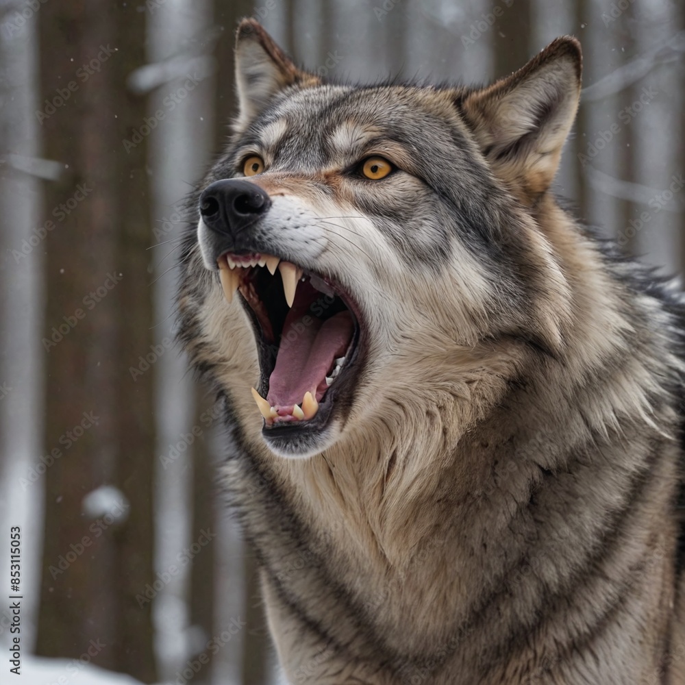 Fototapeta premium Majestic Wolf in Snowy Forest Intense Gaze