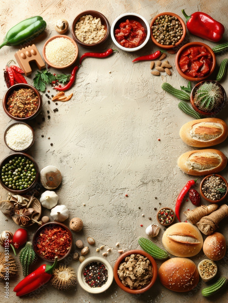 Vibrant Arrangement of Fresh Vegetables, Spices, and Bread on Rustic Surface for Cooking Inspiration and Culinary Artistry Vibrant Arrangement of Fresh Vegetables, Spices, and Bread on Rustic Surface for Cooking Inspiration and Culinary Artistry