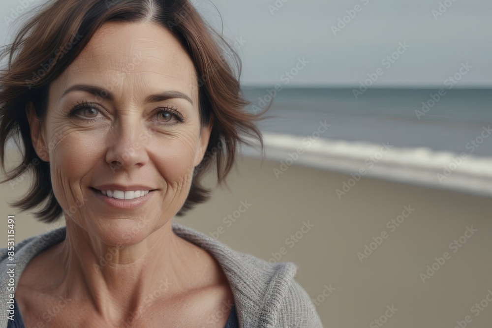 Portrait of a happy brunette woman 40 years old on the seashore. An attractive, healthy, older woman who leads an active life.