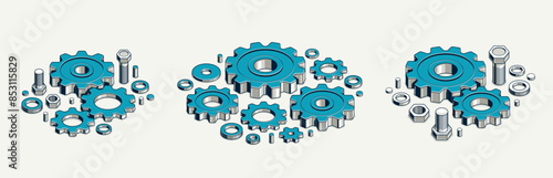 Industry and manufacturing concept set, gears and cogs composition isometric 3D vector illustration, cogwheels system technology and technics machinery engine.