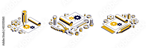 Mechanical engineering project in embodiment implementation concept set, engine draft plan drawing and work progress, paper sheet with gears, tools and pencil 3D isometric vector illustration.