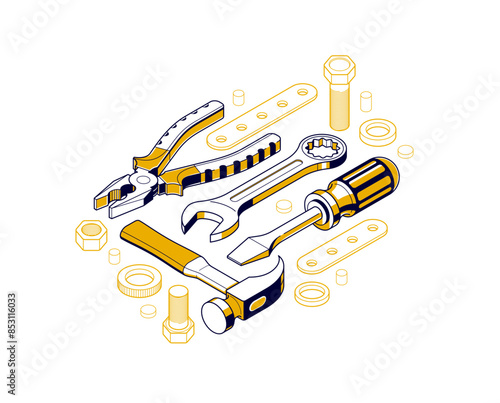 Repair and maintenance concept, technics service, gears and tools in 3D isometric projection vector illustration, technical mechanical workshop.