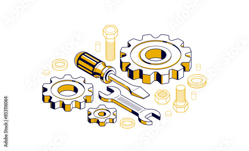 Invention renovation concept, gears and tools in 3D isometric projection vector illustration, technical theme, cogs and bolts machinery and engine creation.