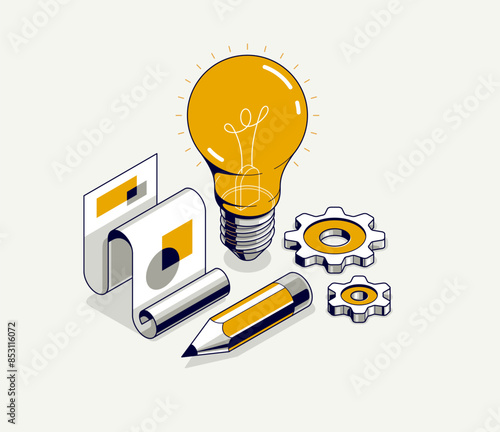 Creative idea concept, light bulb with gear vector 3D isometric icon or illustration, innovation and solution, technology and technics, research and knowledge.