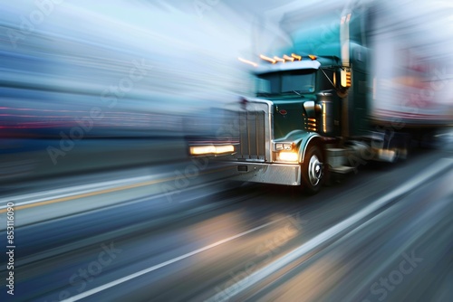Blurred motion high quality image of american truck speeding on freeway, conveying sense of speed