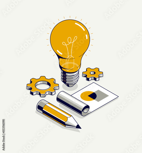 Creative idea concept, light bulb with gear vector 3D isometric icon or illustration, innovation and solution, technology and technics, research and knowledge.