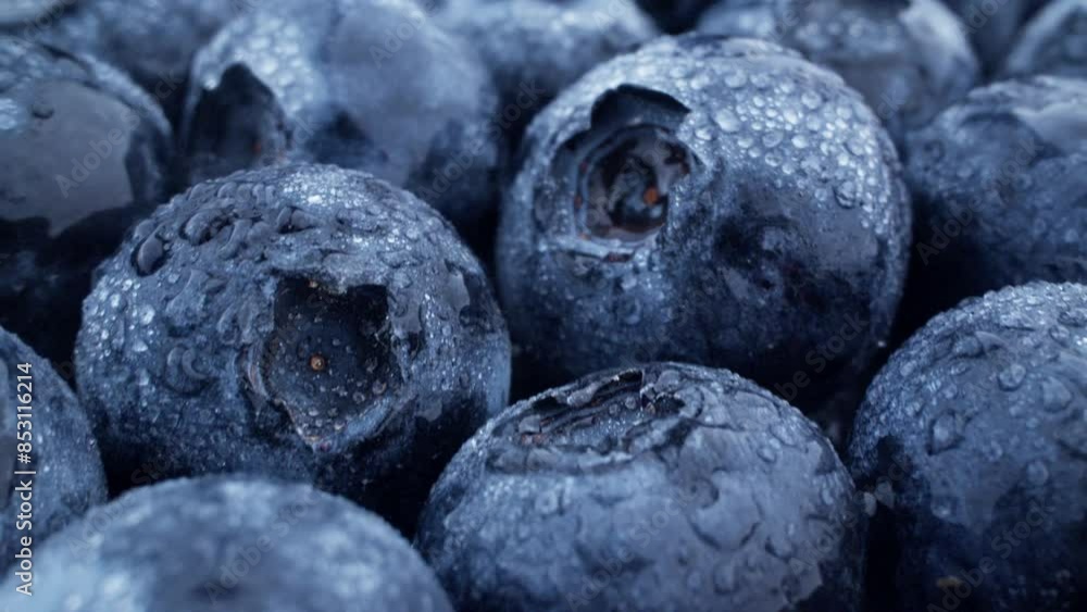 Ripe blue berries with moisture. Camera slowly moves across surface of ...