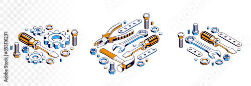 Auto service concept, gears and tools in 3D isometric projection vector illustration, automobile car repair garage workshop, fix the breakage.