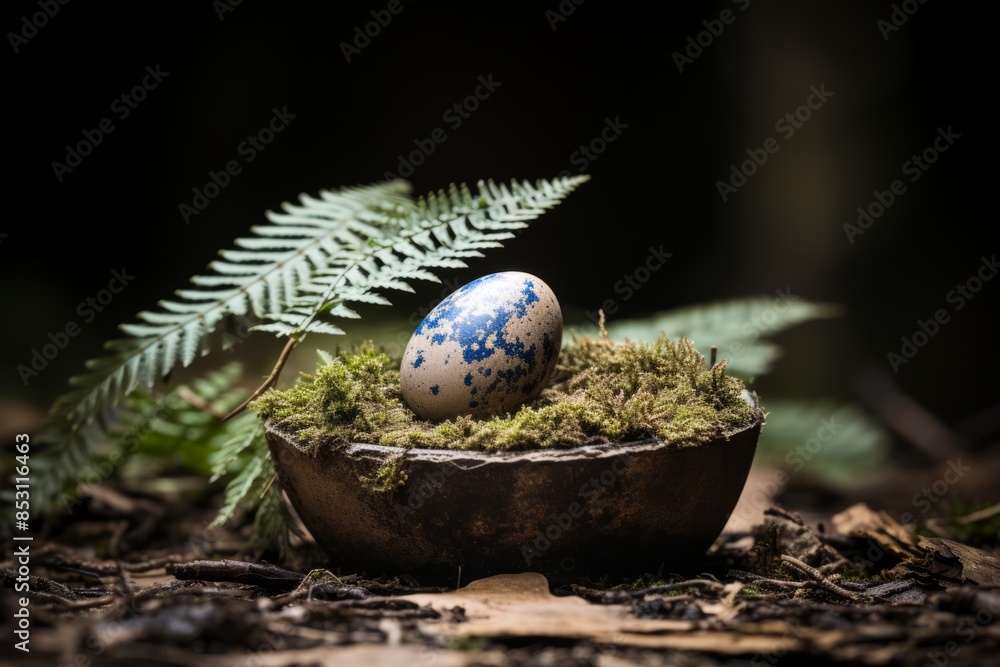 Fototapeta premium easter egg in a bowl with moss and ferns