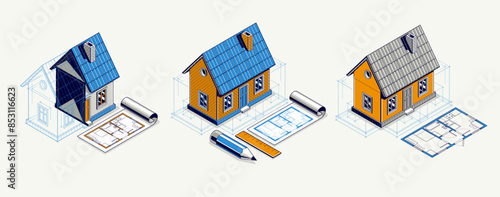 Cottage house for rest project concept set, 3D isometric vector illustration of a small house building project, countryside small house cabin in village or nature.
