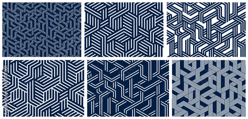 3D cubes seamless patterns vector backgrounds set, lined dimensional blocks, architecture and construction, geometric designs.