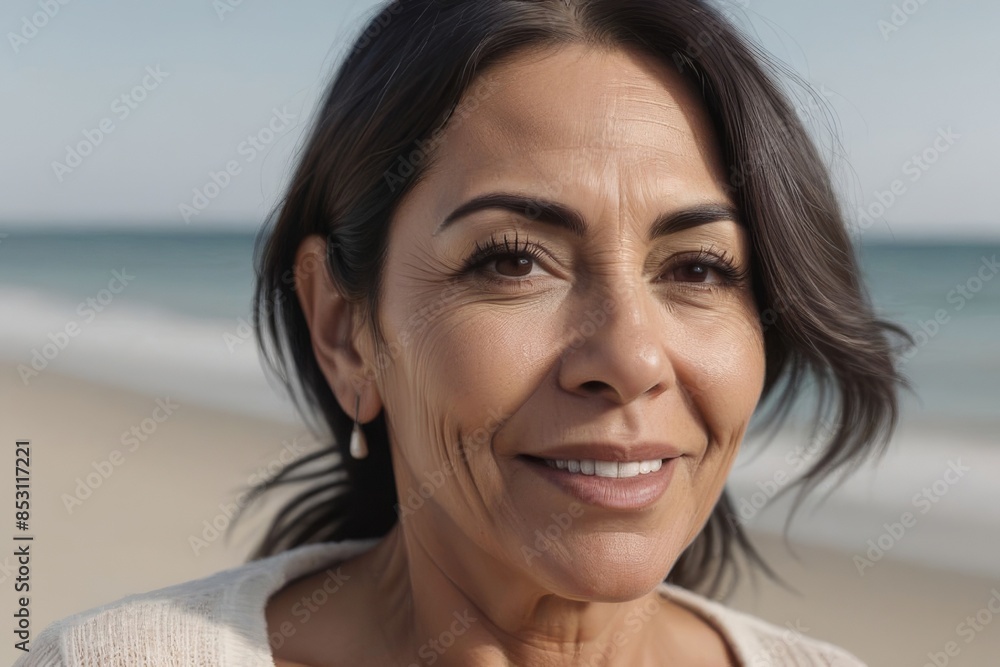 Portrait of a happy brunette woman 45 years old on the seashore. An attractive, healthy, older woman who leads an active life.