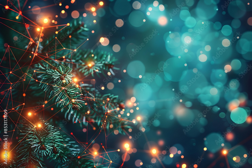 christmas festive decoration backdrop , christmas tree branches with blue and gold bokeh lights, abstract xmas background christmas festive decoration backdrop , christmas tree branches with blue and gold bokeh lights, abstract xmas background