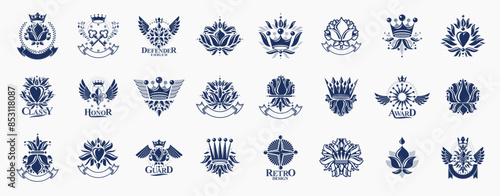 Classic style De Lis and crowns emblems big set, lily flower symbol ancient heraldic awards and labels collection, classical heraldry design elements, family or business emblems.