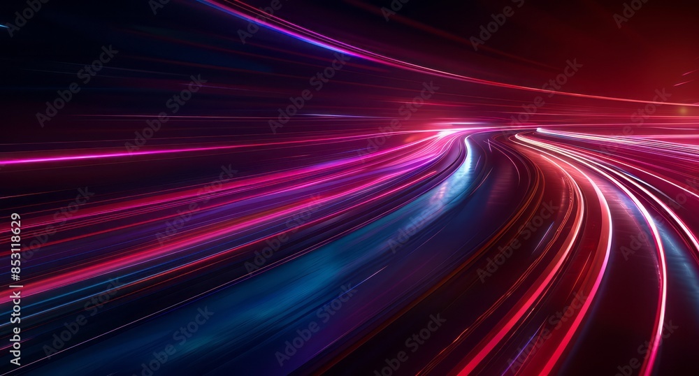 A long light trail in the shape of three lines, glowing neon lights against a dark background with a red and blue color scheme A long light trail in the shape of three lines, glowing neon lights against a dark background with a red and blue color scheme