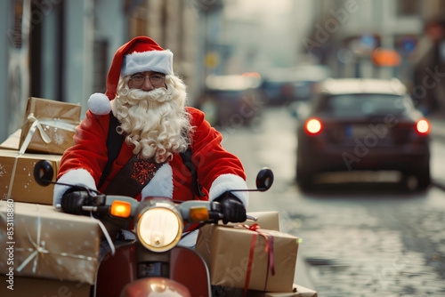 santa claus coming with gift boxes , christmas delivery santa claus sitting on a bike in street to come festive season surprise gifts delivery