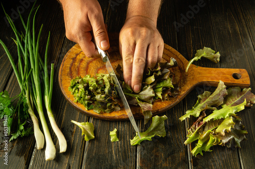 Chef preparing salad of cos lettuce and onions with hands and knife on kitchen table. Slicing romaine violets on wooden board for vegetarian food photo