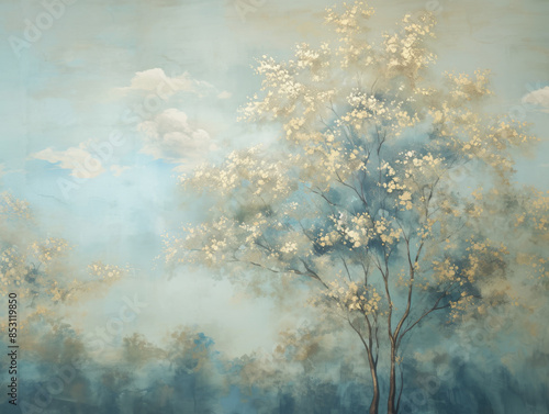 Hand-painted wallpaper featuring a tree and clouds in a serene landscape © Castle Studio
