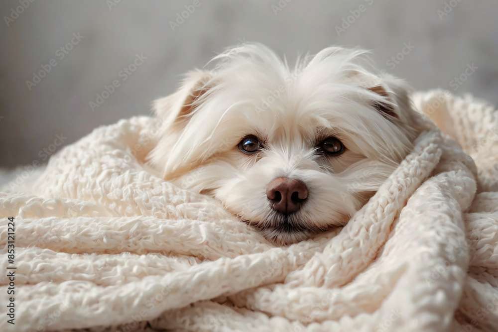 Cute Maltese dog lying on warm plaid, closeup Cute Maltese dog lying on warm plaid, closeup
