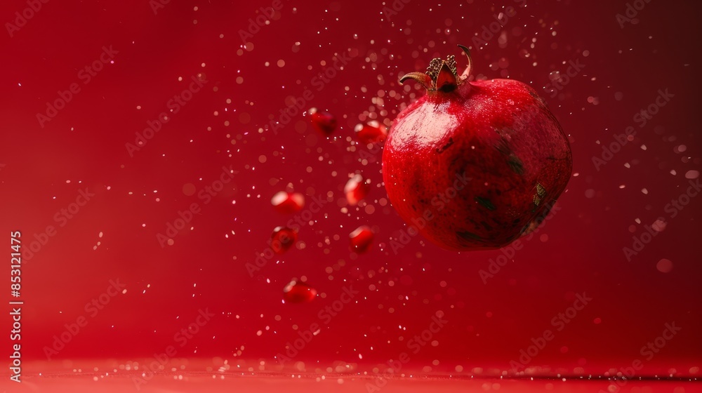 A pomegranate suspended in mid-air against a red backdrop, dripping from its top and base with watery drops A pomegranate suspended in mid-air against a red backdrop, dripping from its top and base with watery drops