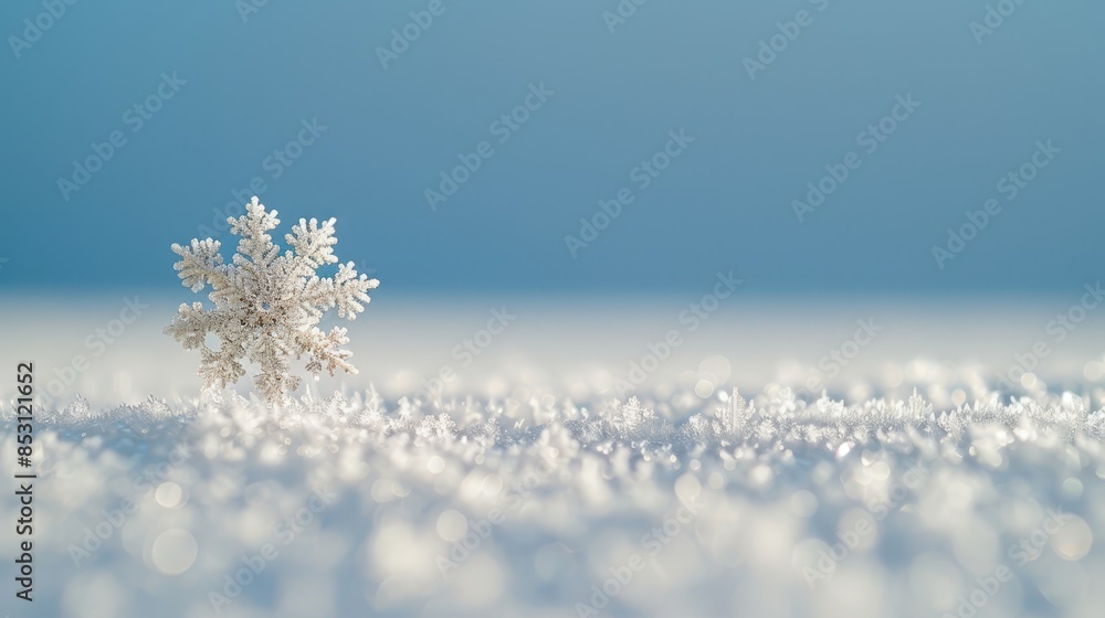 A snowflake sits in the midst of a snow-covered field Surrounding it are more snowflakes on the ground In the foreground, above the snowflakes, A snowflake sits in the midst of a snow-covered field Surrounding it are more snowflakes on the ground In the foreground, above the snowflakes,