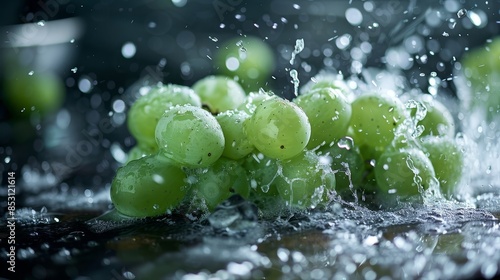  A bunch of grapes resting atop a wettable cloth-covered wooden table Nearby, a glass of water sits stable on the counter photo