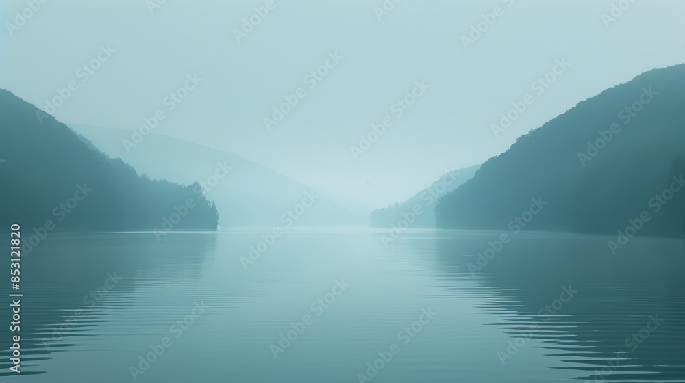 A fog-shrouded body of water lies nestled among mountains, with a solitary boat adrift in its center Trees line both shores A fog-shrouded body of water lies nestled among mountains, with a solitary boat adrift in its center Trees line both shores