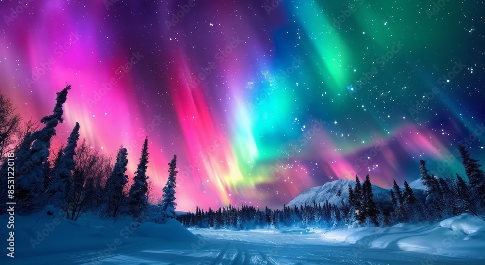 A mesmerizing display of the Northern Lights dancing across an arctic sky, illuminating snow-covered hills and dense forests below in vibrant greens A mesmerizing display of the Northern Lights dancing across an arctic sky, illuminating snow-covered hills and dense forests below in vibrant greens