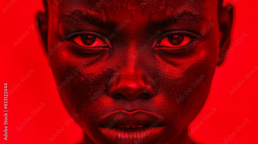 A woman's face, closely framed Upper half bathed in red light, lower half shrouded in black paint A woman's face, closely framed Upper half bathed in red light, lower half shrouded in black paint