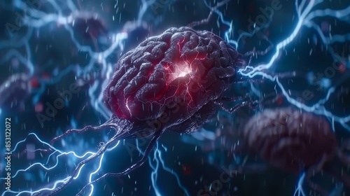  A brain image surrounded by electrical wires; red light emanating from the brain's core