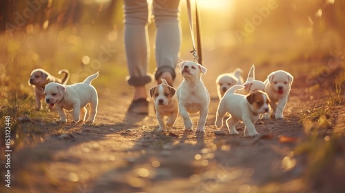  A group of small white and brown dogs trot along a dirt road A person walks behind them In the foreground, another person advances with a cane photo